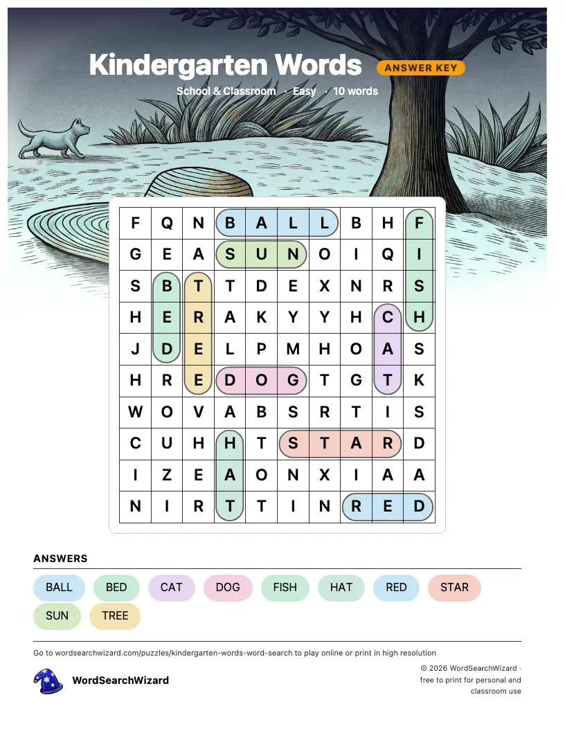 Kindergarten Words word search answer key, all 10 words marked