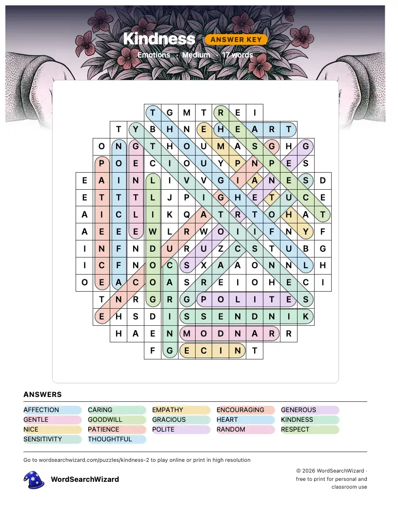 Kindness word search answer key, all 17 words marked
