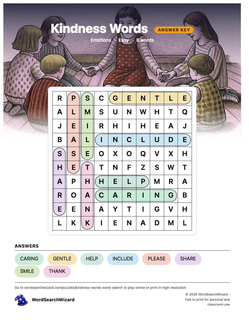 Kindness Words word search answer key, all 8 words marked