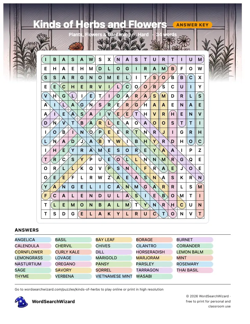 Kinds of Herbs and Flowers word search answer key, all 34 words marked
