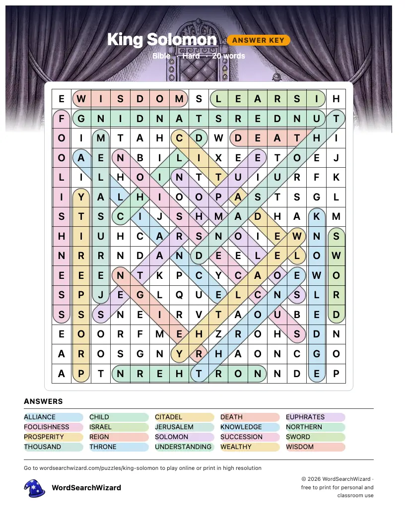 King Solomon word search answer key, all 20 words marked