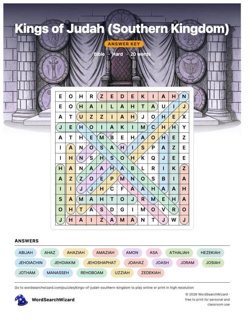 Kings of Judah (Southern Kingdom) word search answer key, all 20 words marked