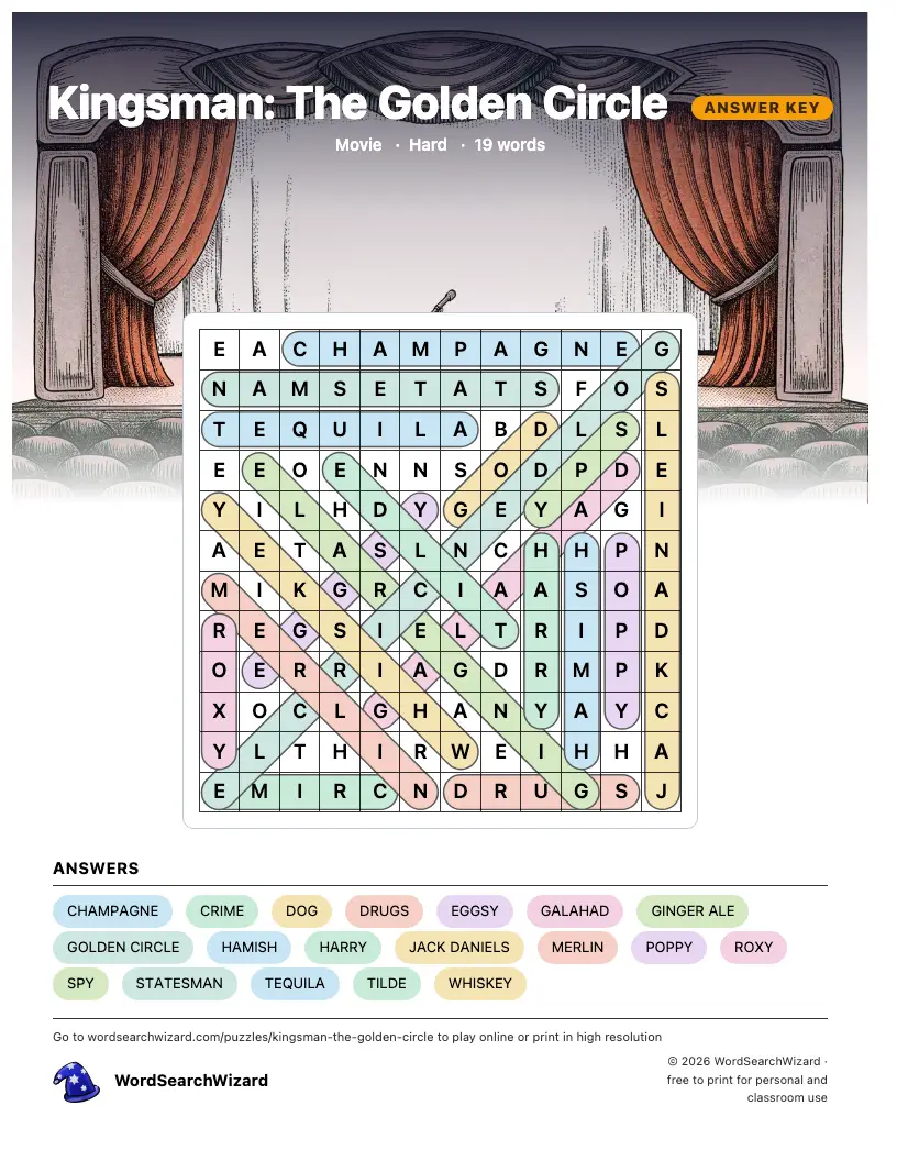 Kingsman: The Golden Circle word search answer key, all 19 words marked