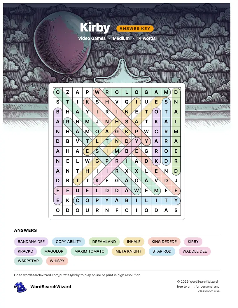 Kirby word search answer key, all 14 words marked