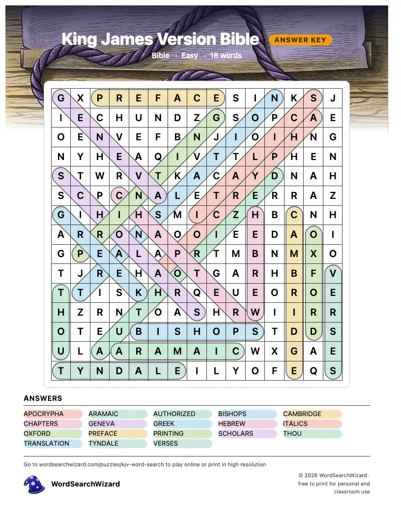 King James Version Bible word search answer key, all 18 words marked