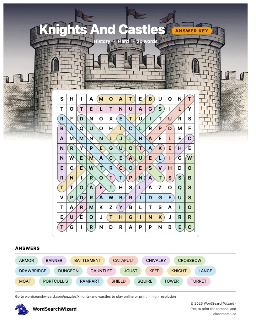 Knights And Castles word search answer key, all 20 words marked