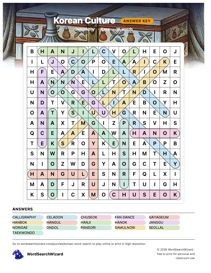 Korean Culture word search answer key, all 16 words marked