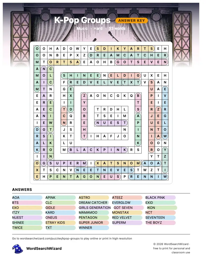 K-Pop Groups word search answer key, all 33 words marked