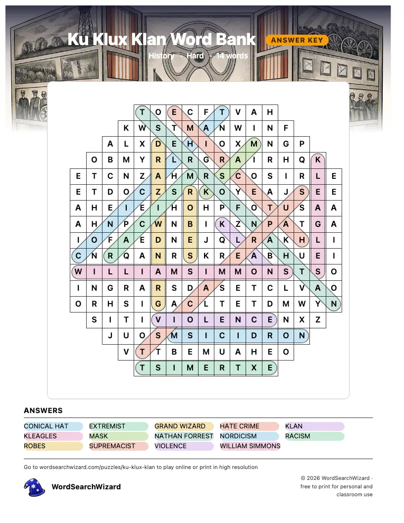 Ku Klux Klan Word Bank word search answer key, all 14 words marked