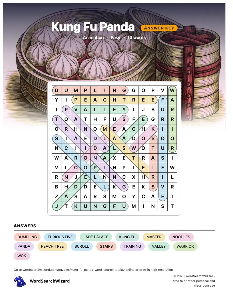 Kung Fu Panda word search answer key, all 14 words marked