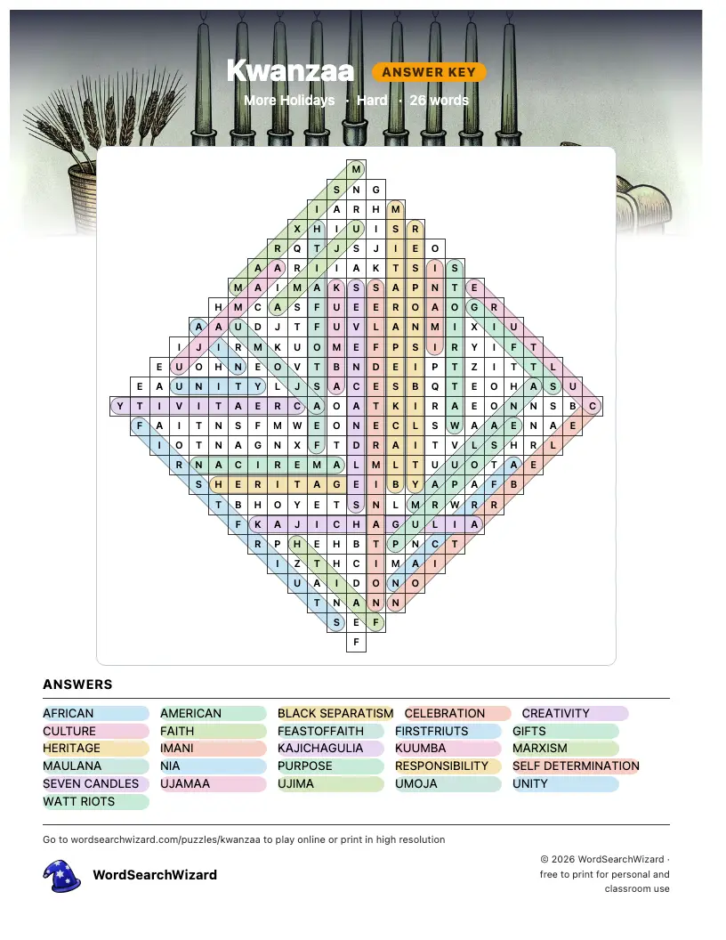 Kwanzaa word search answer key, all 26 words marked