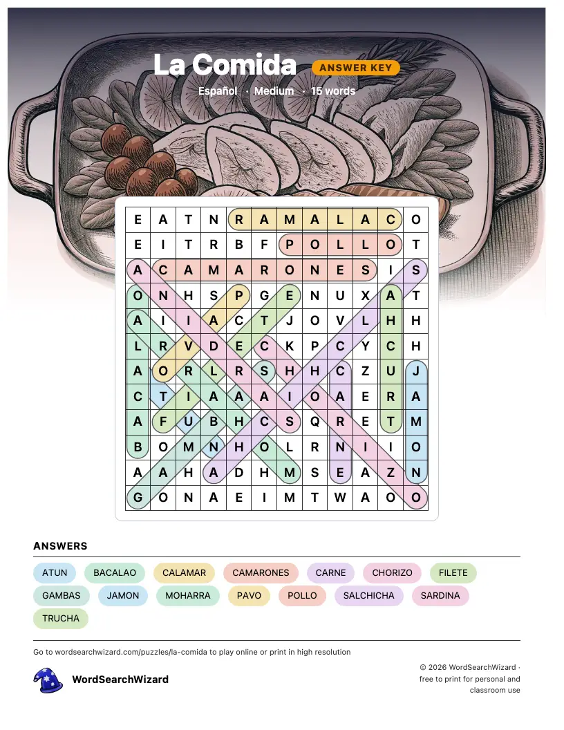 La Comida word search answer key, all 15 words marked