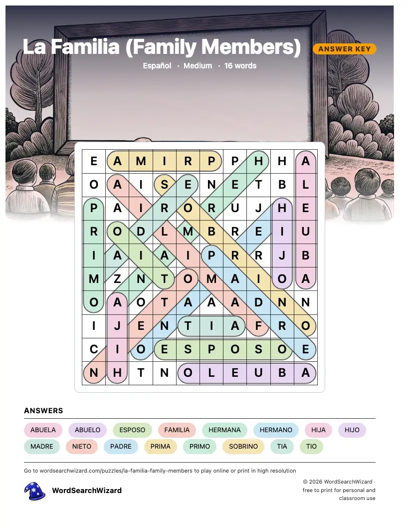 La Familia (Family Members) word search answer key, all 16 words marked