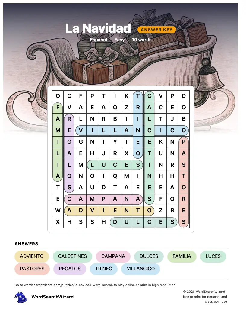 La Navidad word search answer key, all 10 words marked