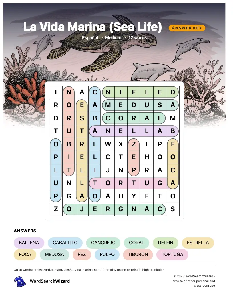 La Vida Marina (Sea Life) word search answer key, all 12 words marked