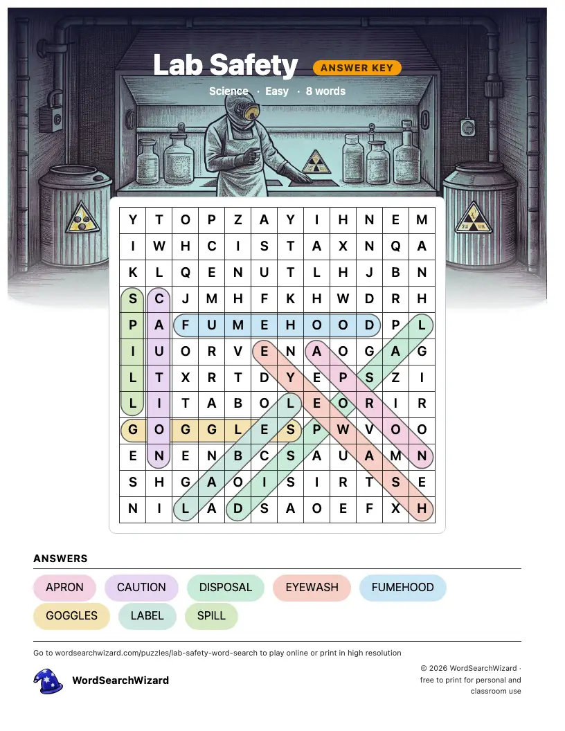 Lab Safety word search answer key, all 8 words marked