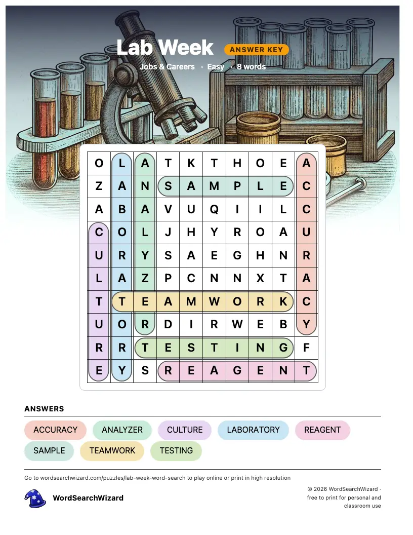 Lab Week word search answer key, all 8 words marked