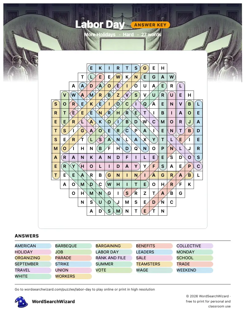 Labor Day word search answer key, all 27 words marked