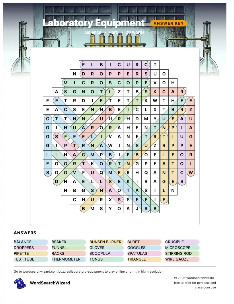 Laboratory Equipment word search answer key, all 20 words marked