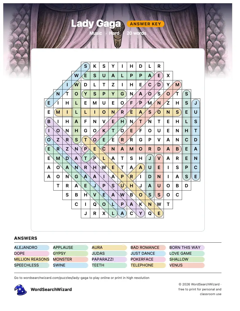Lady Gaga word search answer key, all 20 words marked