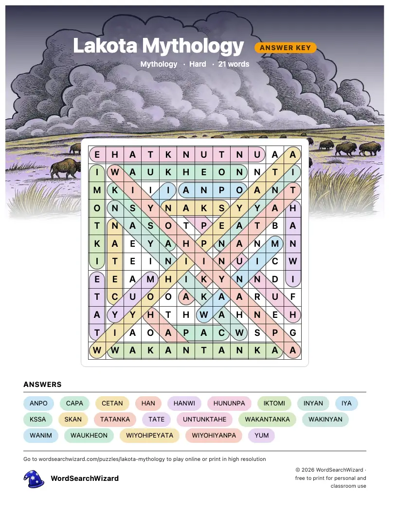 Lakota Mythology word search answer key, all 21 words marked