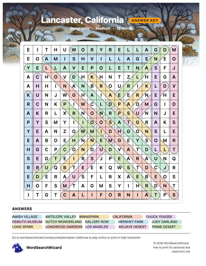 Lancaster, California word search answer key, all 15 words marked