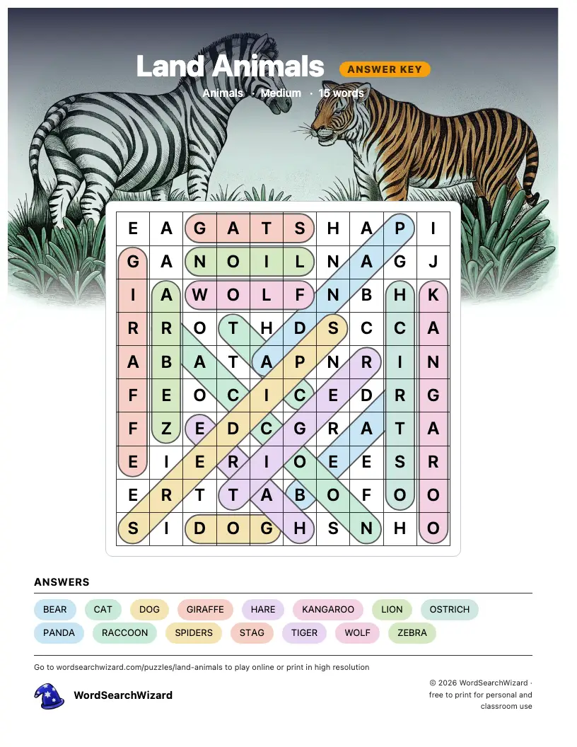 Land Animals word search answer key, all 15 words marked