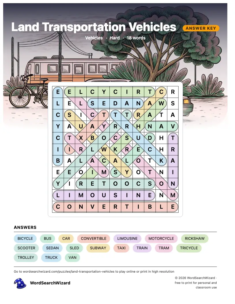 Land Transportation Vehicles word search answer key, all 18 words marked
