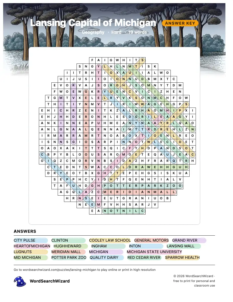 Lansing Capital of Michigan word search answer key, all 19 words marked