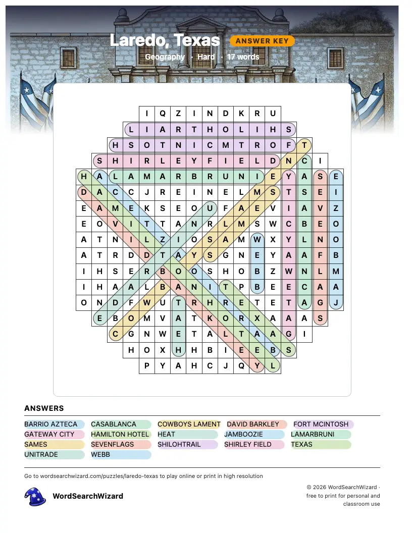 Laredo, Texas word search answer key, all 17 words marked