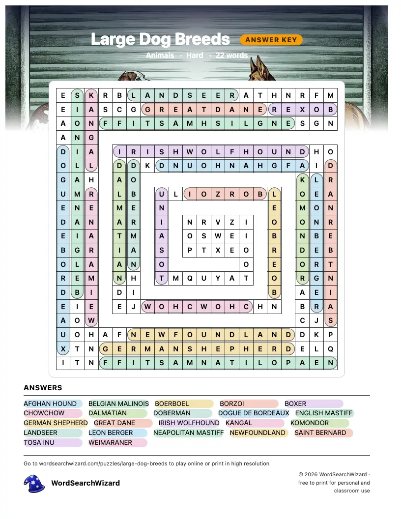Large Dog Breeds word search answer key, all 22 words marked