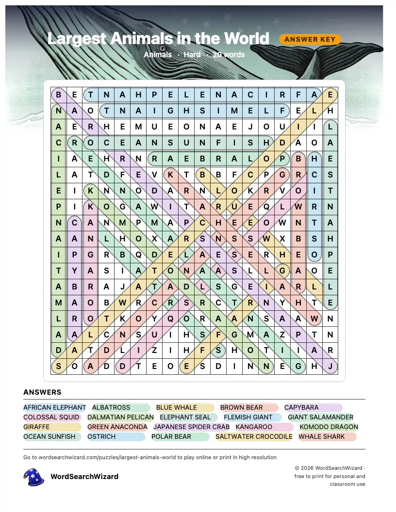 Largest Animals in the World word search answer key, all 20 words marked
