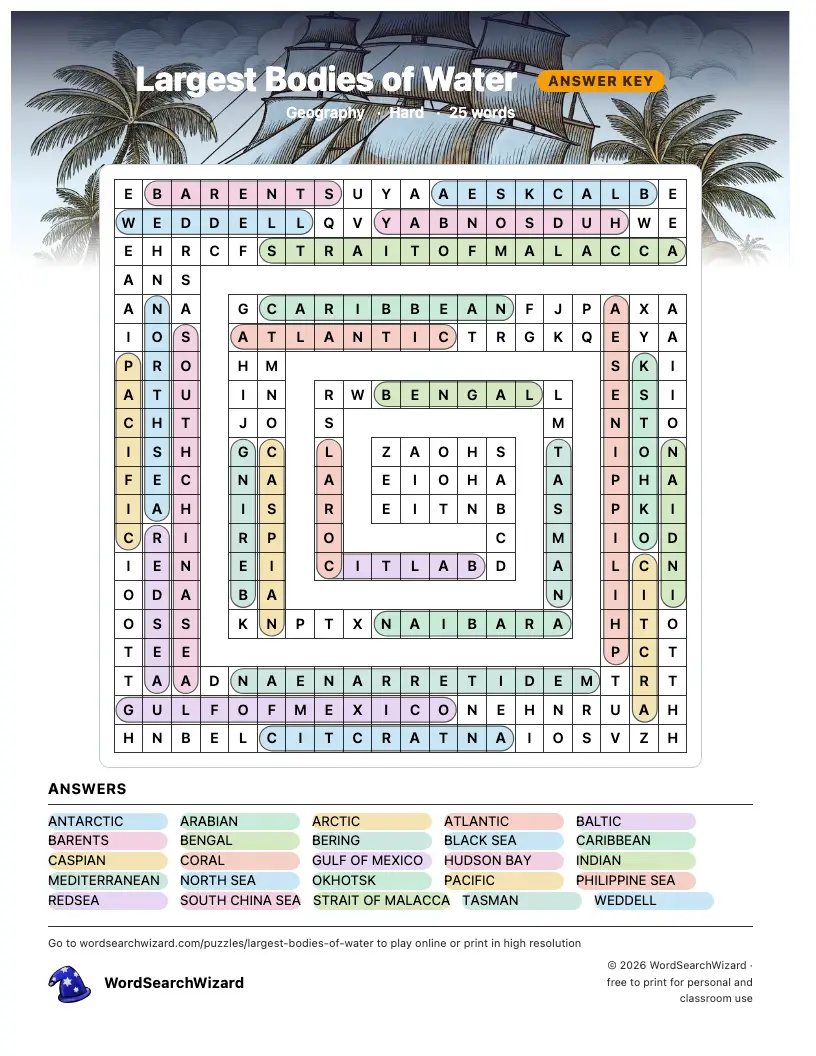 Largest Bodies of Water word search answer key, all 25 words marked