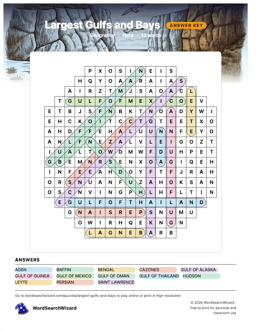 Largest Gulfs and Bays word search answer key, all 13 words marked