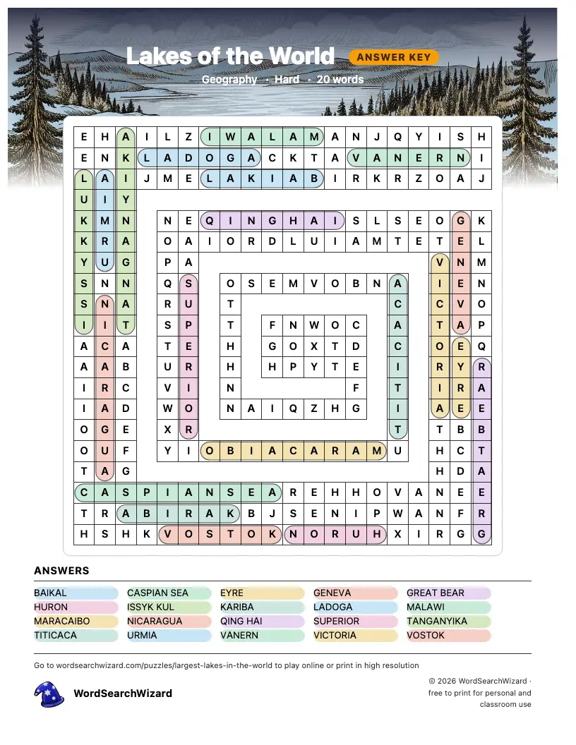 Lakes of the World word search answer key, all 20 words marked