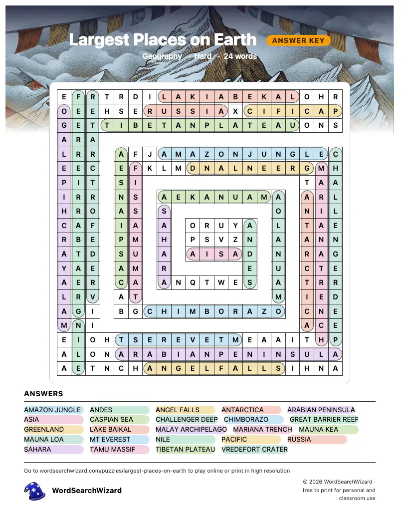 Largest Places on Earth word search answer key, all 24 words marked