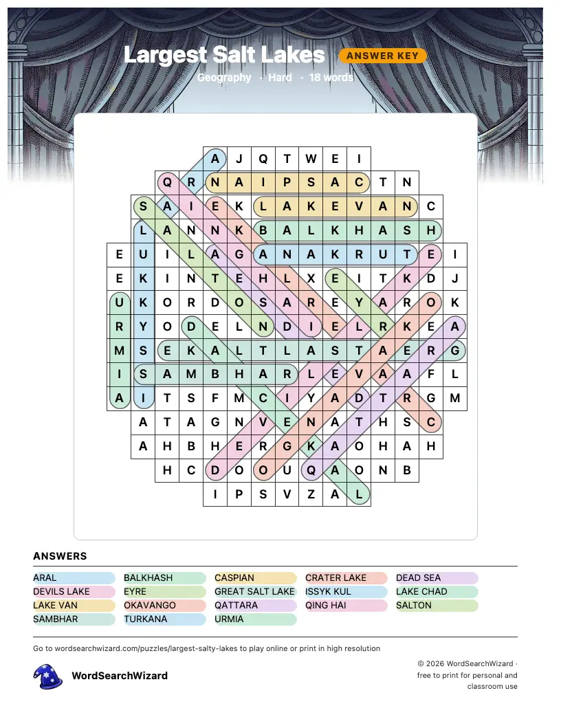 Largest Salt Lakes word search answer key, all 18 words marked