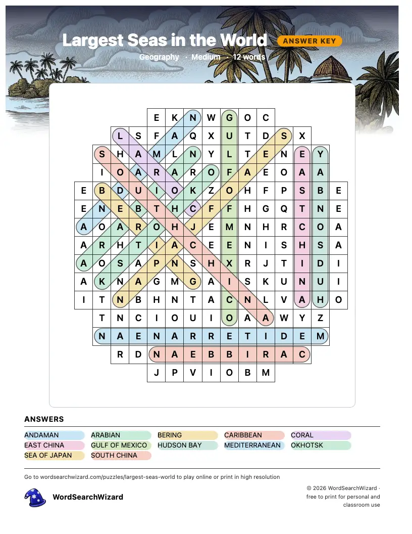 Largest Seas in the World word search answer key, all 12 words marked