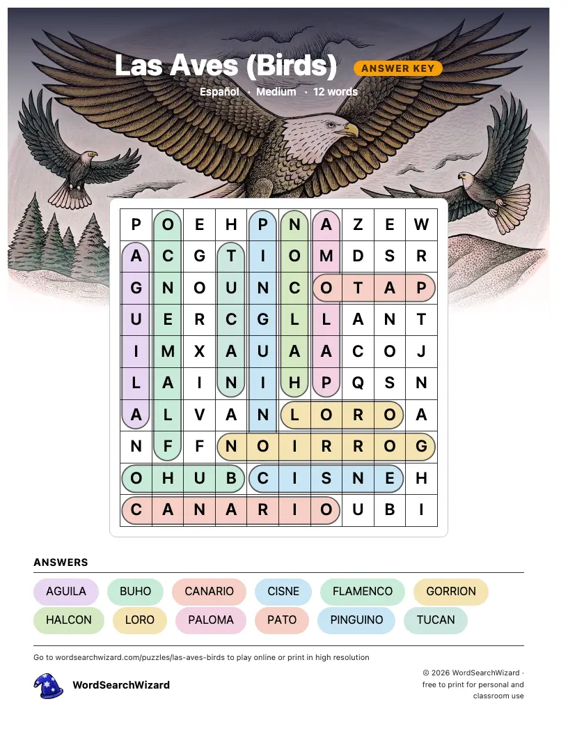 Las Aves (Birds) word search answer key, all 12 words marked