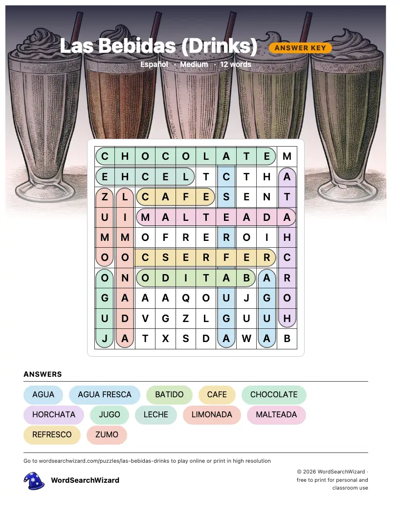 Las Bebidas (Drinks) word search answer key, all 12 words marked