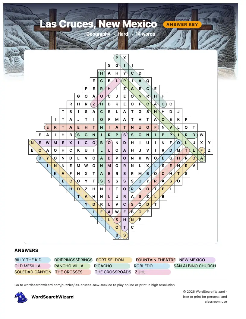 Las Cruces, New Mexico word search answer key, all 14 words marked