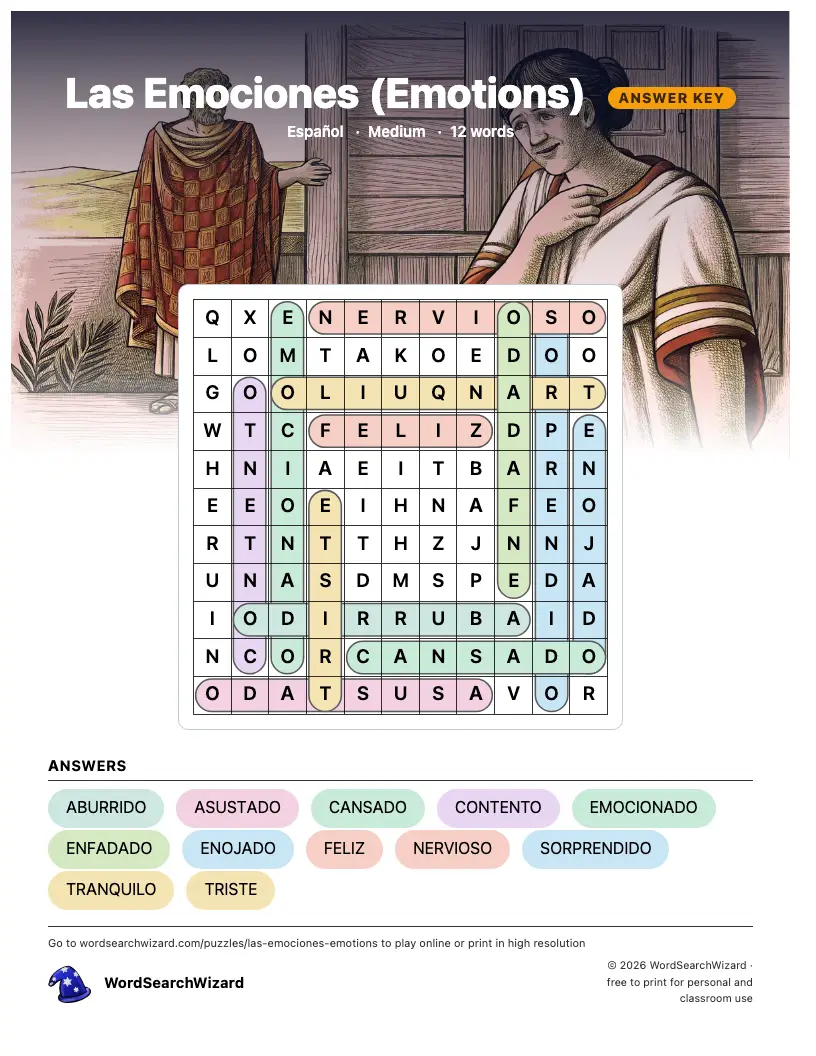 Las Emociones (Emotions) word search answer key, all 12 words marked