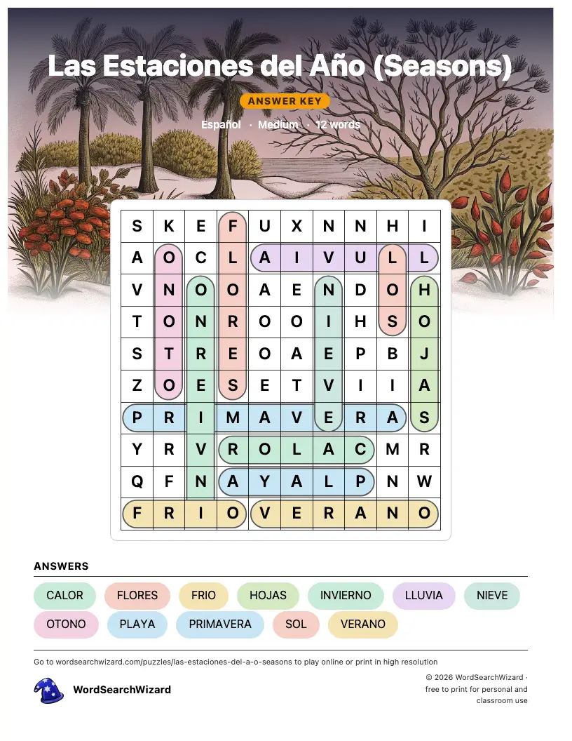 Las Estaciones del Año (Seasons) word search answer key, all 12 words marked