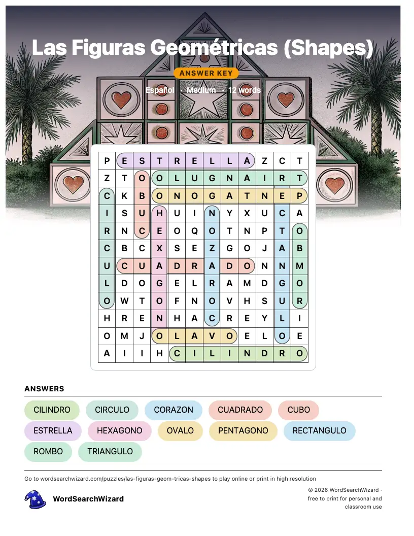 Las Figuras Geométricas (Shapes) word search answer key, all 12 words marked