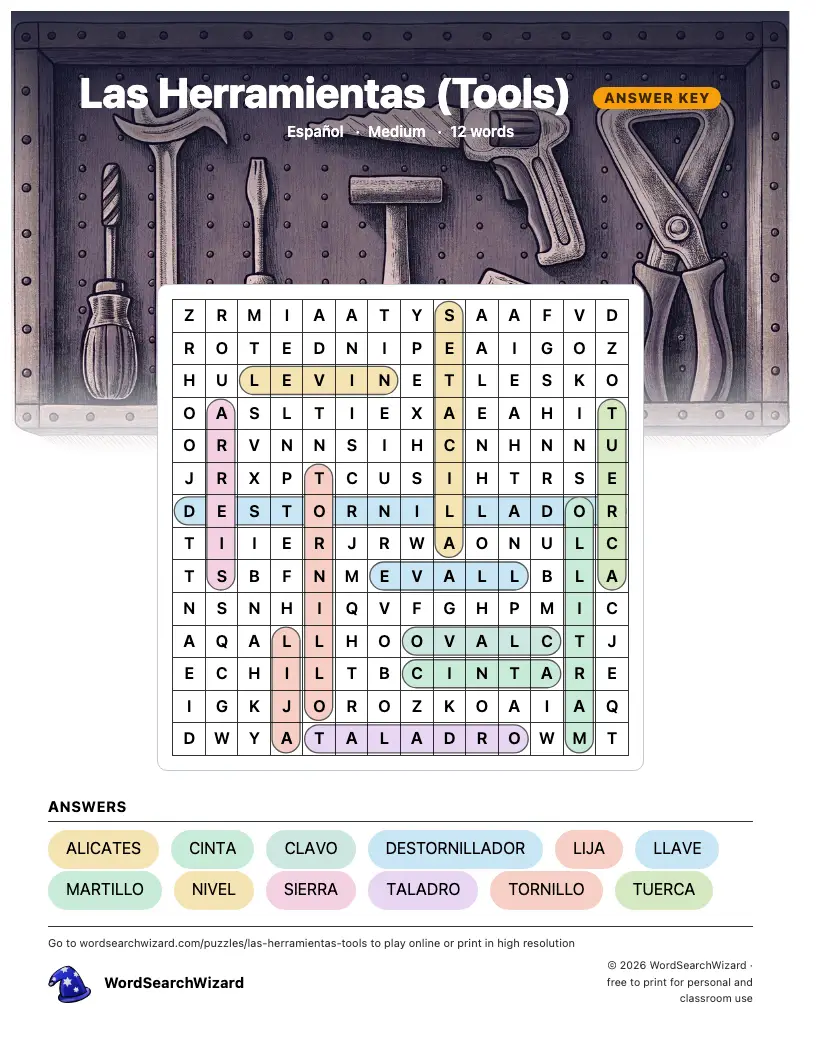 Las Herramientas (Tools) word search answer key, all 12 words marked