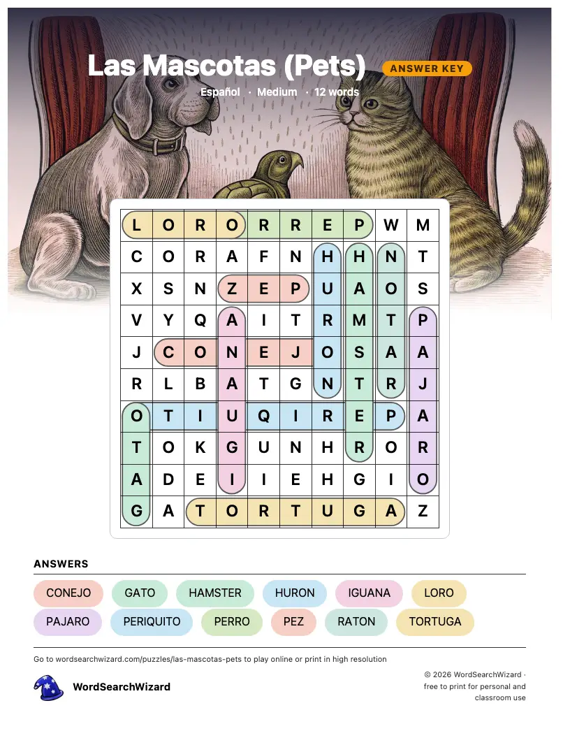 Las Mascotas (Pets) word search answer key, all 12 words marked