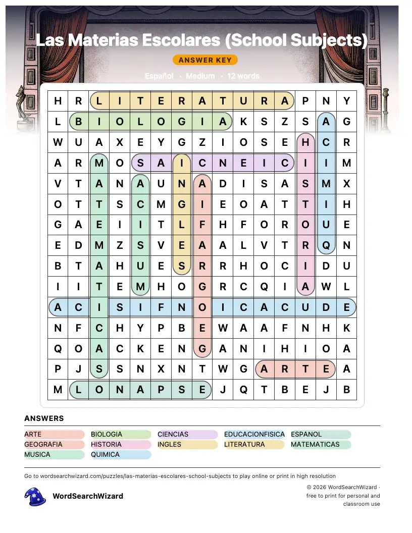 Las Materias Escolares (School Subjects) word search answer key, all 12 words marked