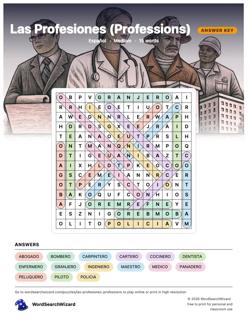 Las Profesiones (Professions) word search answer key, all 15 words marked