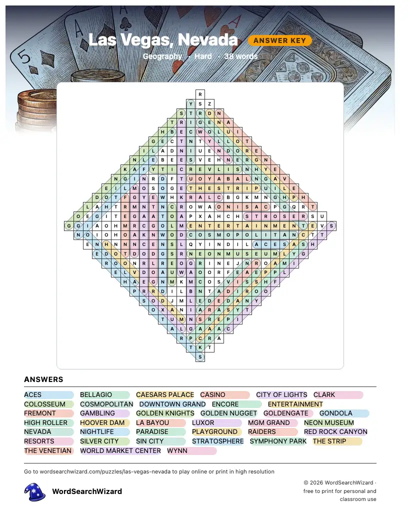 Las Vegas, Nevada word search answer key, all 38 words marked