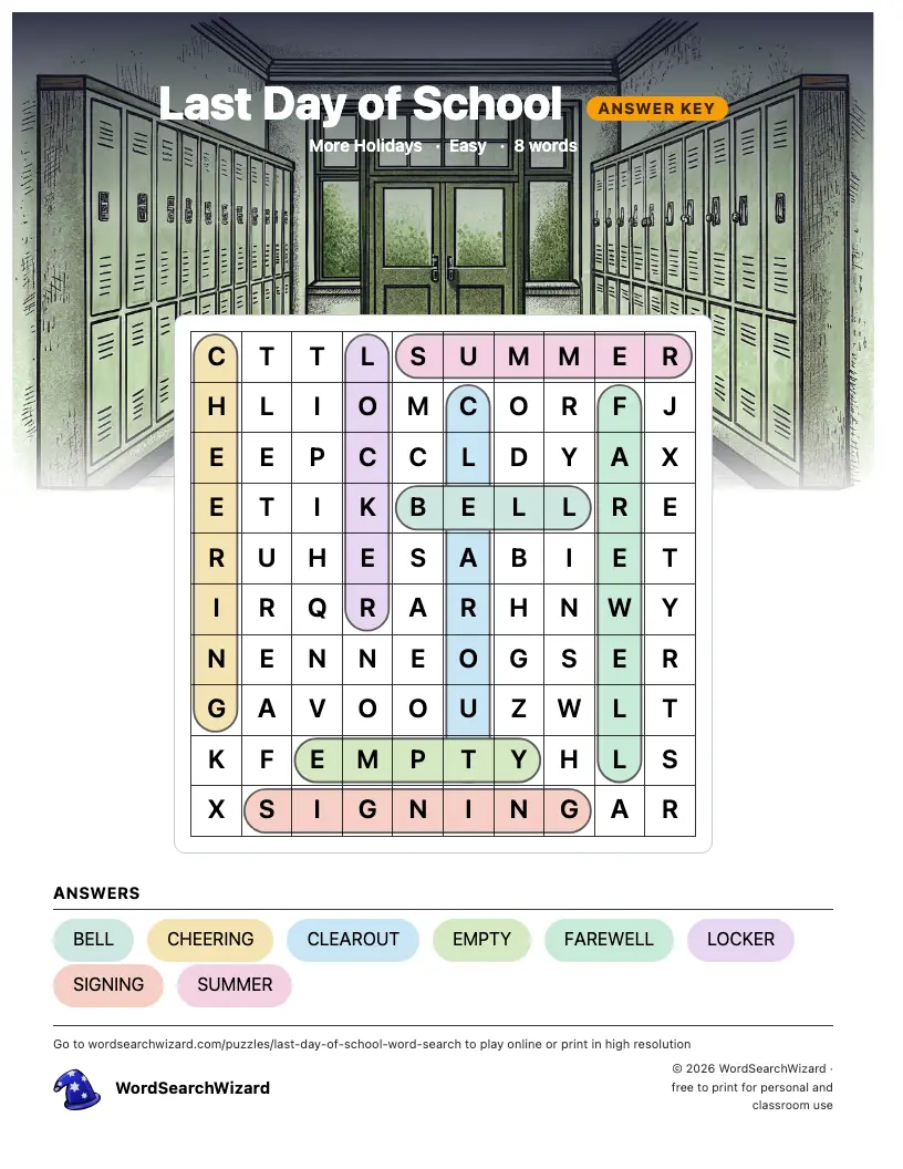 Last Day of School word search answer key, all 8 words marked